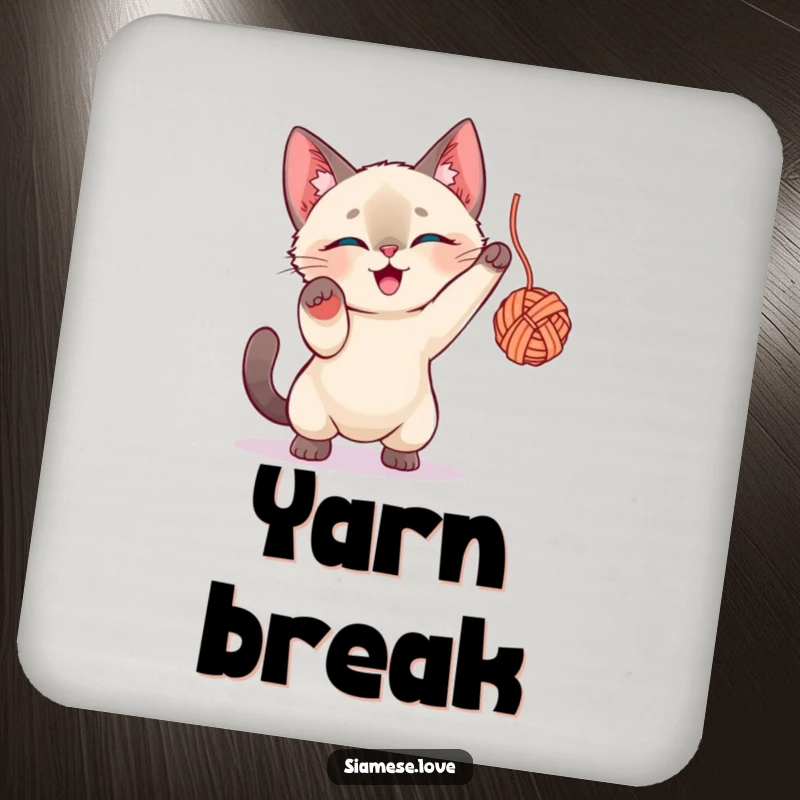 Funny Siamese Cat Coasters: A cute Siamese cat character batting at a colorful ball of yarn on a protective coaster.
