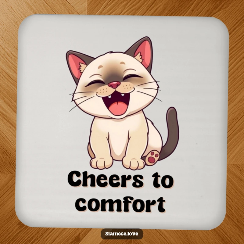 Funny Siamese cat happily stretching with a big, satisfied yawn on a drink coaster.
