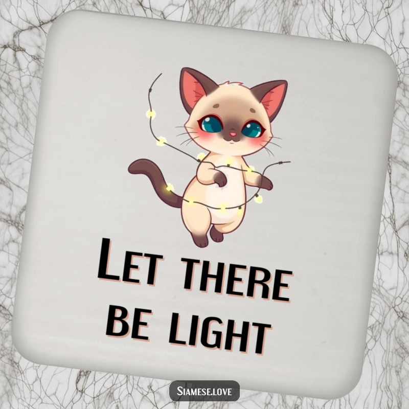 Funny Siamese cat coaster, feline twirling with sparkling holiday lights, festive decor, ideal funny gift.