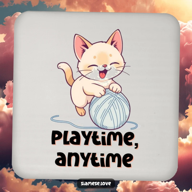 Funny coasters featuring a stylized Siamese cat delightedly pouncing on a yarn ball, protecting surfaces with playful feline humor.
