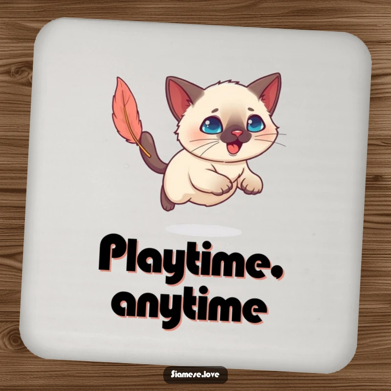 Funny Kawaii Siamese cat mid-chase on a durable coaster, celebrating playtime and protecting surfaces humorously.