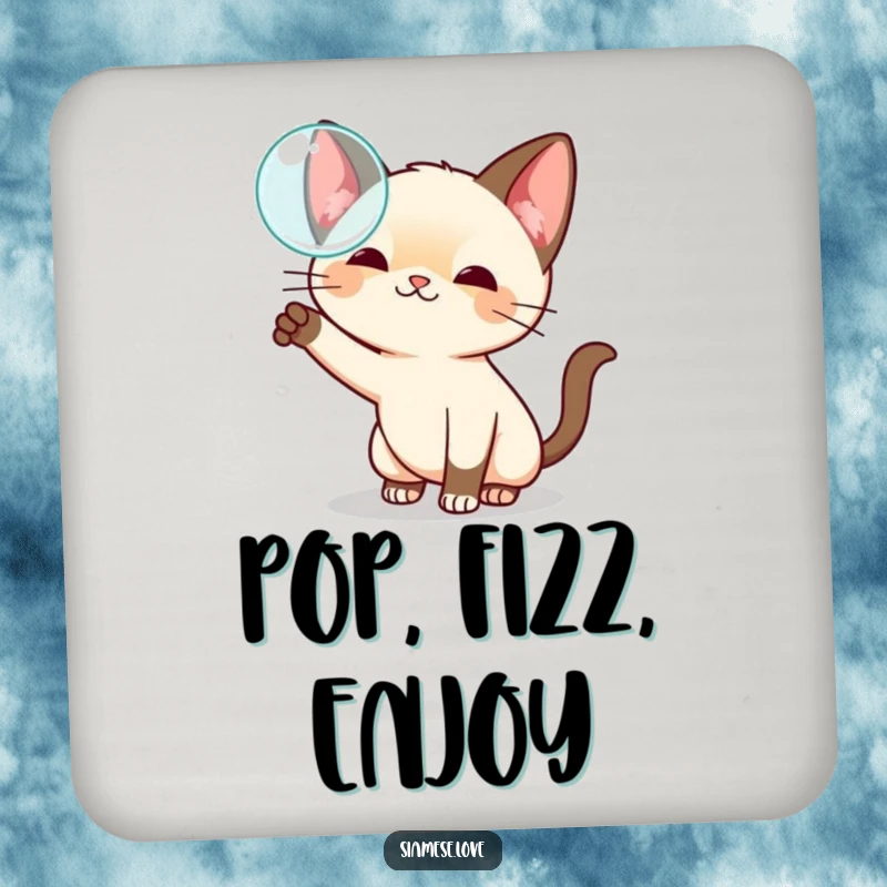 Funny kawaii Siamese cat coaster, playfully swatting at a floating bubble, protecting surfaces with whimsical charm.