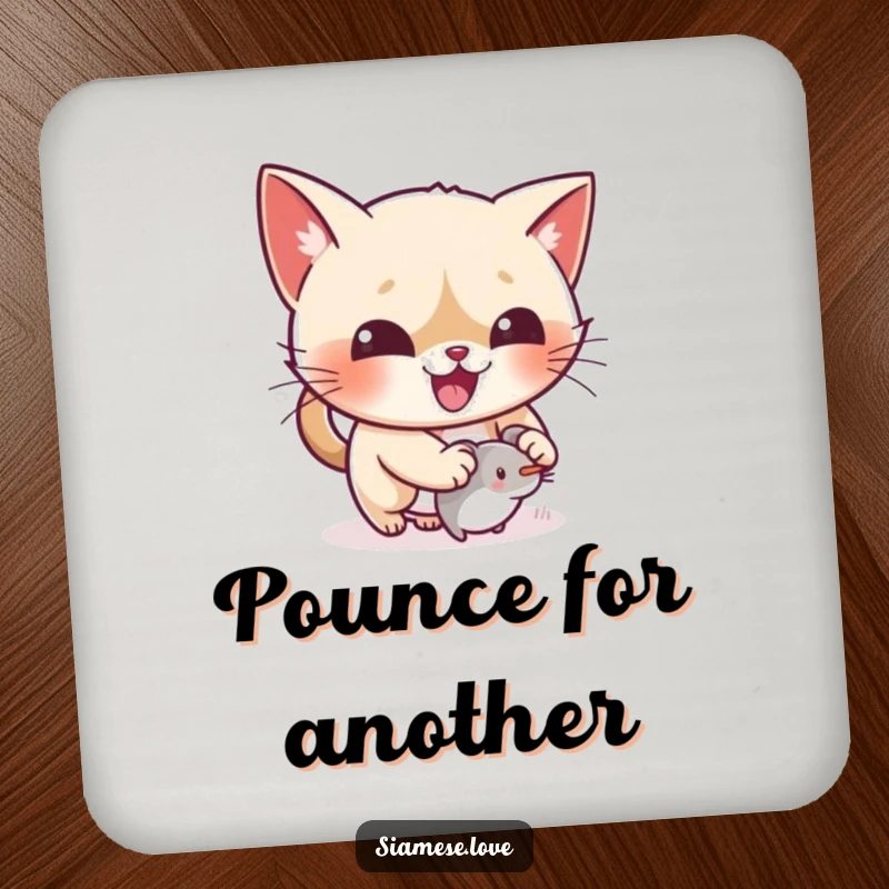 Funny kawaii Siamese cat gleefully pouncing on a tiny mouse toy on a drink coaster, adding fun.