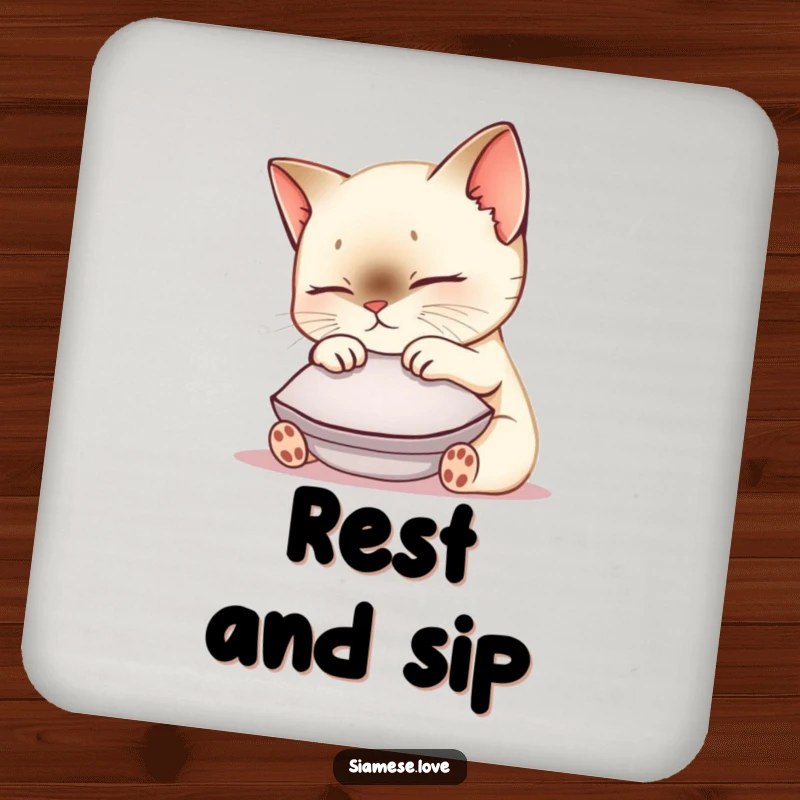 Funny Siamese cat coasters featuring a cute kawaii kitty nuzzling a small cushion, protecting surfaces with feline charm.
