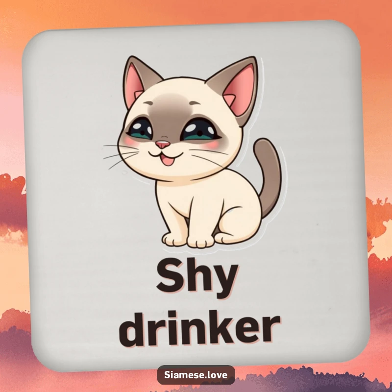 Funny Siamese Cat Coasters: A cute Siamese cat with a mischievous grin, hiding behind its own fuzzy tail.