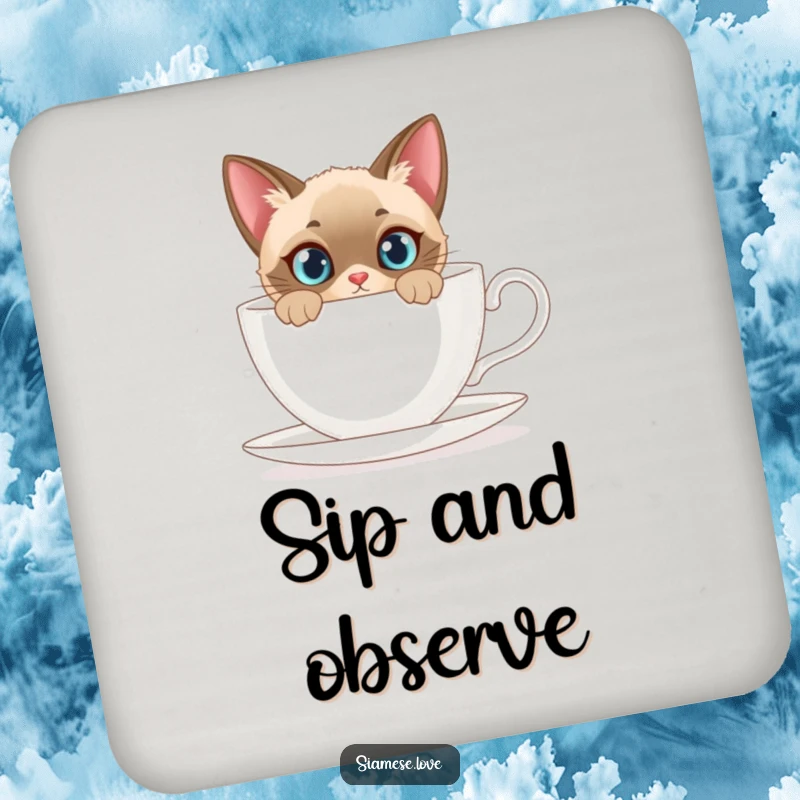 Funny drink coasters featuring a curious Siamese cat peeking from behind a giant teacup, ideal for table protection.