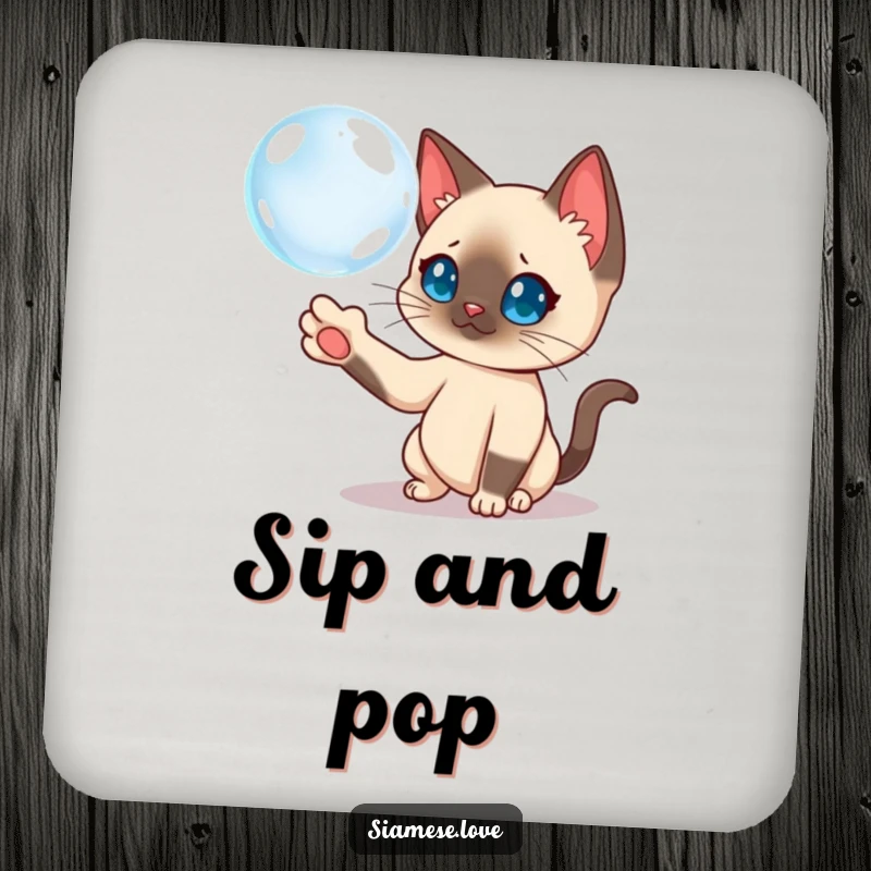 Funny Siamese cat batting a floating bubble on a drink coaster, adding playful decor.