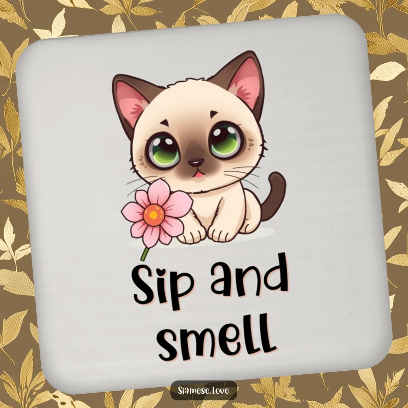 Funny kawaii Siamese cat with wide eyes sniffing a flower on a drink coaster, adding cute protection.