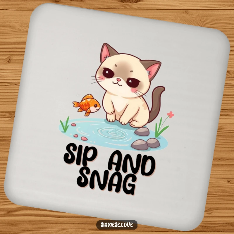 Funny Siamese cat coaster, smugly catching a falling fish from a tiny pond, protecting surfaces with feline humor and style.