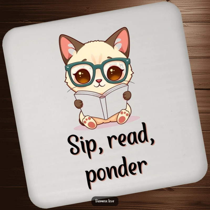 Funny Siamese cat drink coaster, a cat with big glasses reads an inverted book, adding humor to tables.