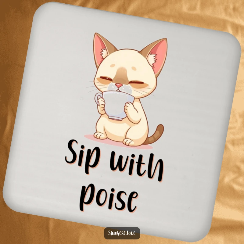 Funny Siamese cat balancing a teacup on its nose on a drink coaster, offering protection with elegance and a humorous twist.