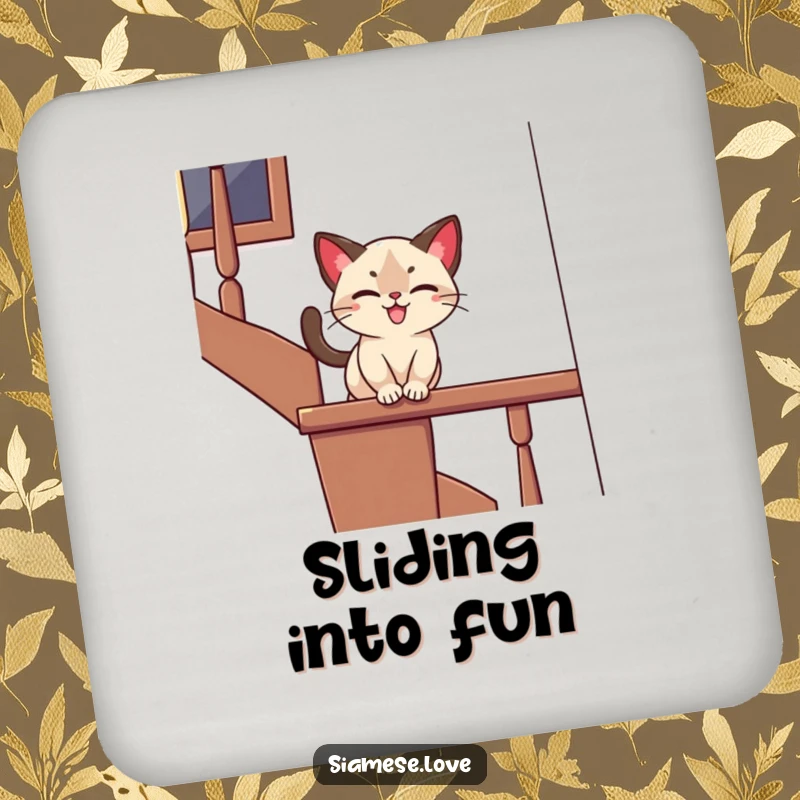 Funny coasters featuring a stylized Siamese cat playfully sliding down a banister with a joyful expression, protecting surfaces with playful humor.