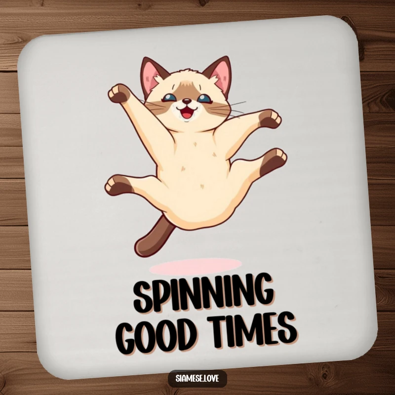 Funny Kawaii Siamese cat doing a playful somersault mid-air on a drink coaster, adding dynamic flair and protection.