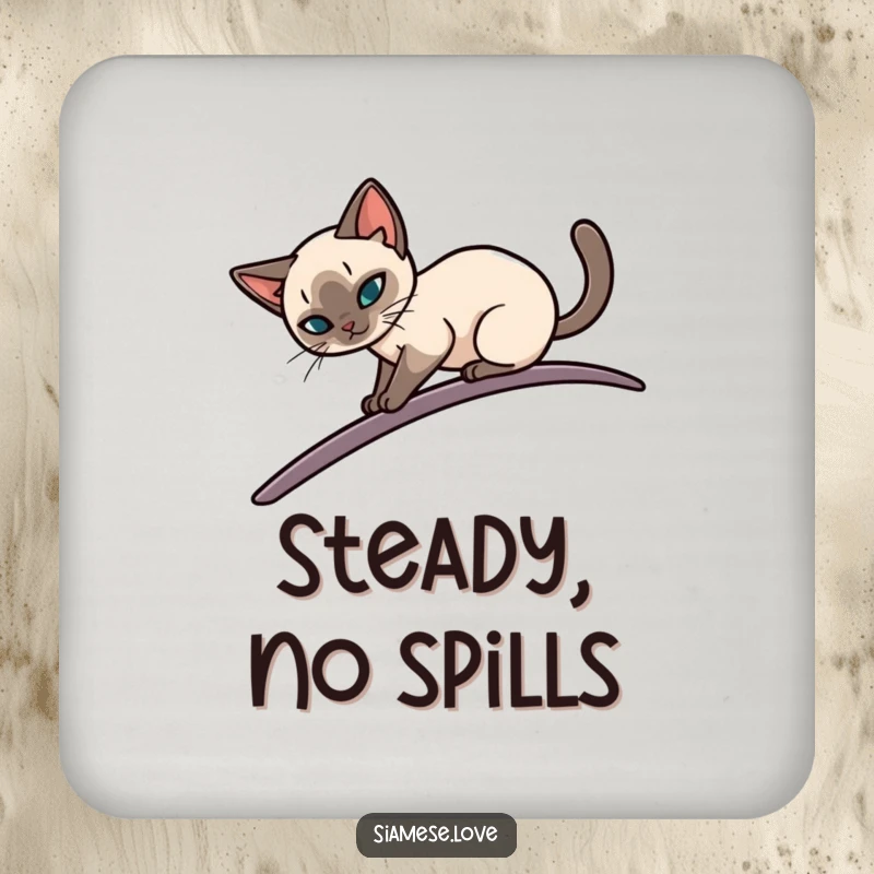 Funny coasters featuring a sleek Siamese cat elegantly balancing on a narrow, curving surface, protecting surfaces with sophisticated feline humor.