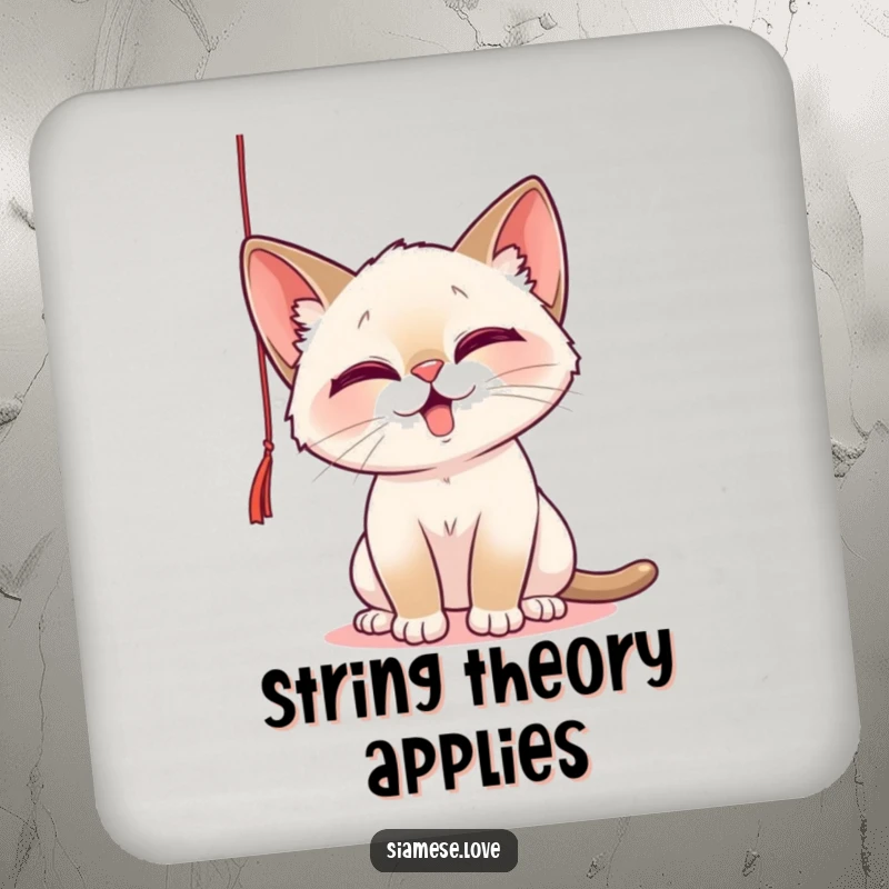 Funny Drink Coaster with a playful Siamese cat batting at a string, offering surface protection with feline whimsy and humor.