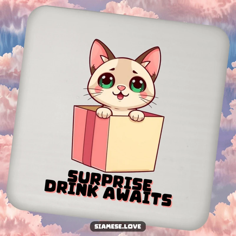 Funny Siamese cat emerging from a gift box with a surprised expression on a drink coaster, offering protection with charm.