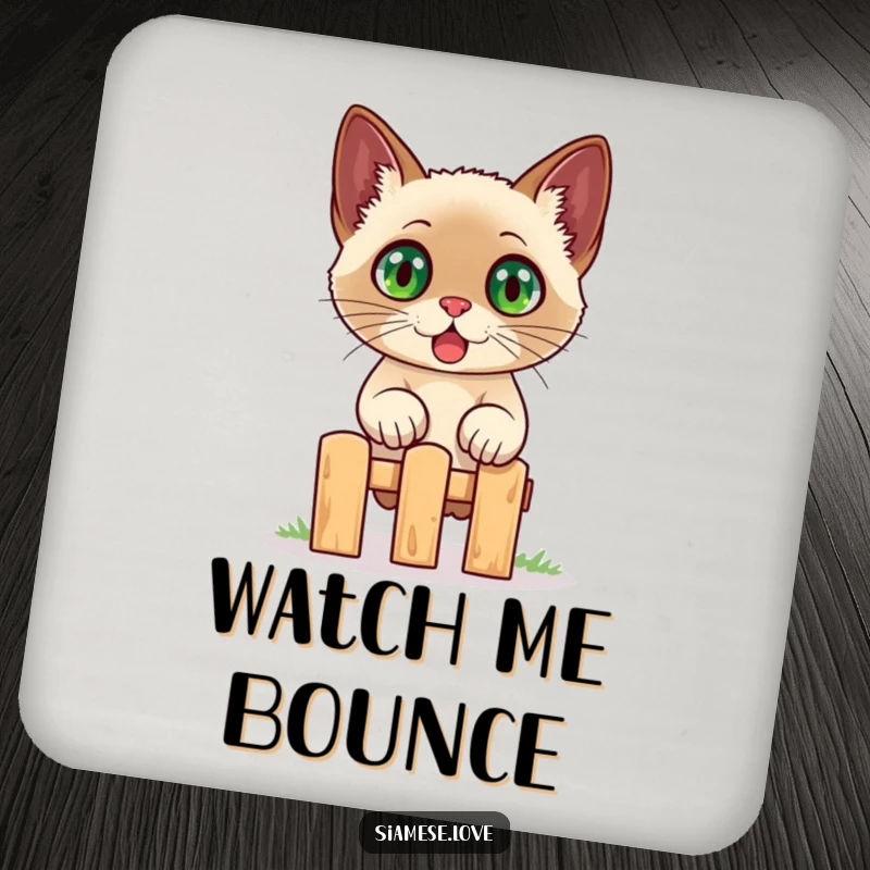 Funny Siamese cat drink coaster, a surprised feline with wide eyes leaping over a fence, adding humor to tabletops.
