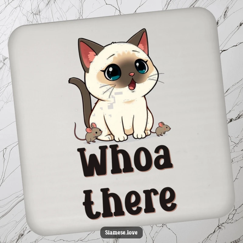 Funny Kawaii Siamese cat coaster featuring a shocked expression and a fleeing mouse, a small funny gift.