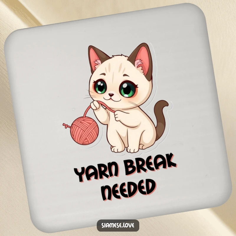 Funny Kawaii Siamese Cat Coaster: Set of coasters showing a wide-eyed cat batting at a dangling yarn ball.