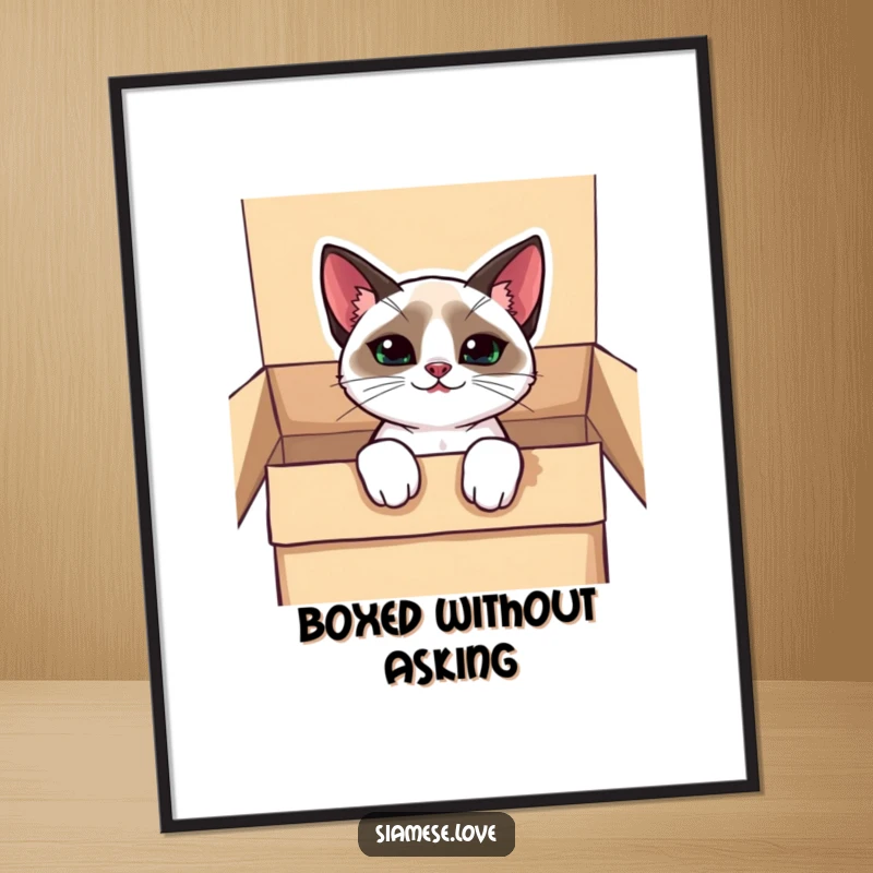 Funny kawaii Siamese cat poster, peeking out of a box with a mischievous grin, adding a playful and charming touch.