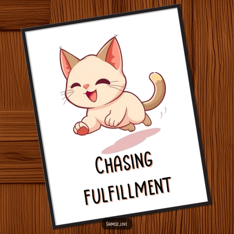 Funny poster art of a cheerful Siamese cat in a dizzying motion blur chasing its tail, adding a sense of energetic fun to any space.