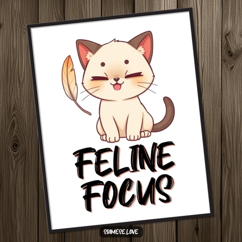Funny cute Siamese cat poster with a mischievous grin, batting at a feather, humorous and charming wall art for cat lovers.