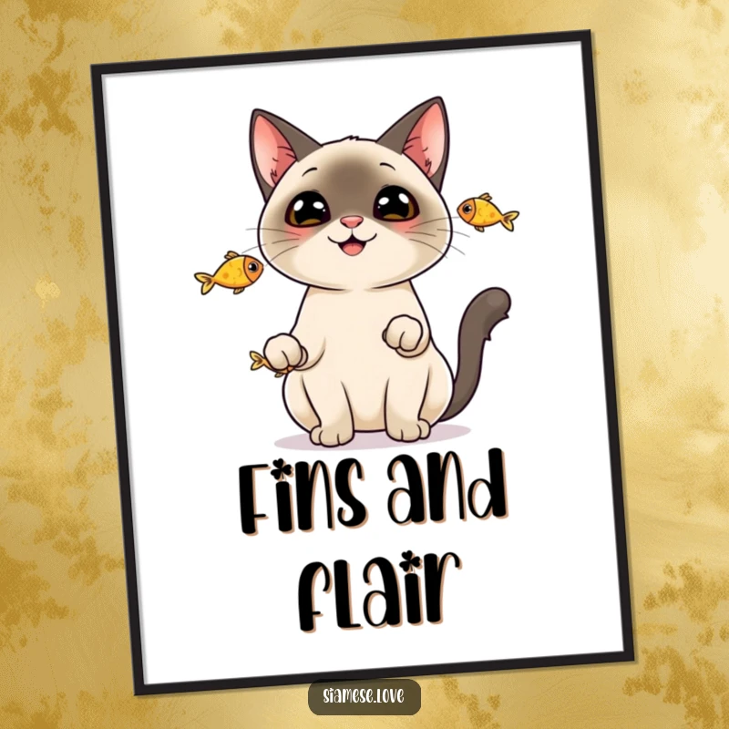 Funny Poster: A cheerful Siamese cat skillfully juggling three tiny fish, a humorous and captivating piece.