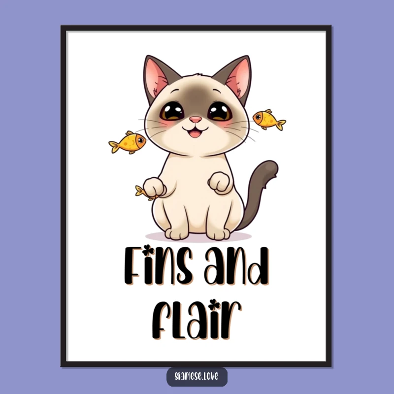 Funny Siamese Cat Fish Poster - Juggling Feline Art, Gift Idea