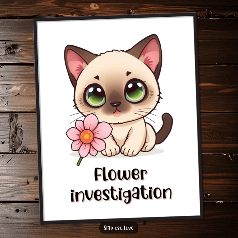 Funny kawaii Siamese cat with wide eyes delicately sniffing a flower on a poster, evoking peaceful curiosity.