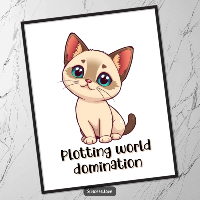 Funny kawaii Siamese cat tilting its head with intrigue on a poster, evoking contemplation and charm.