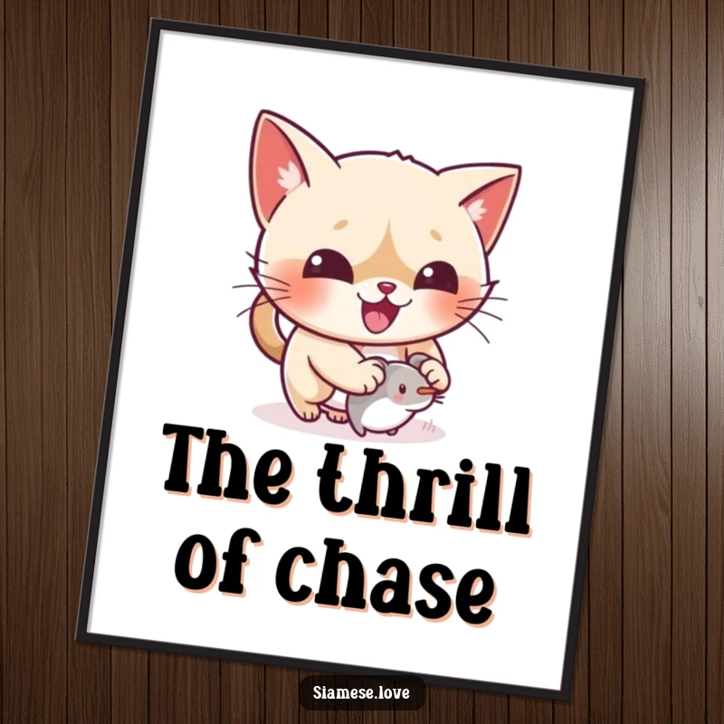 Funny kawaii Siamese cat gleefully pouncing on a tiny mouse toy on a poster, showcasing pure joy.