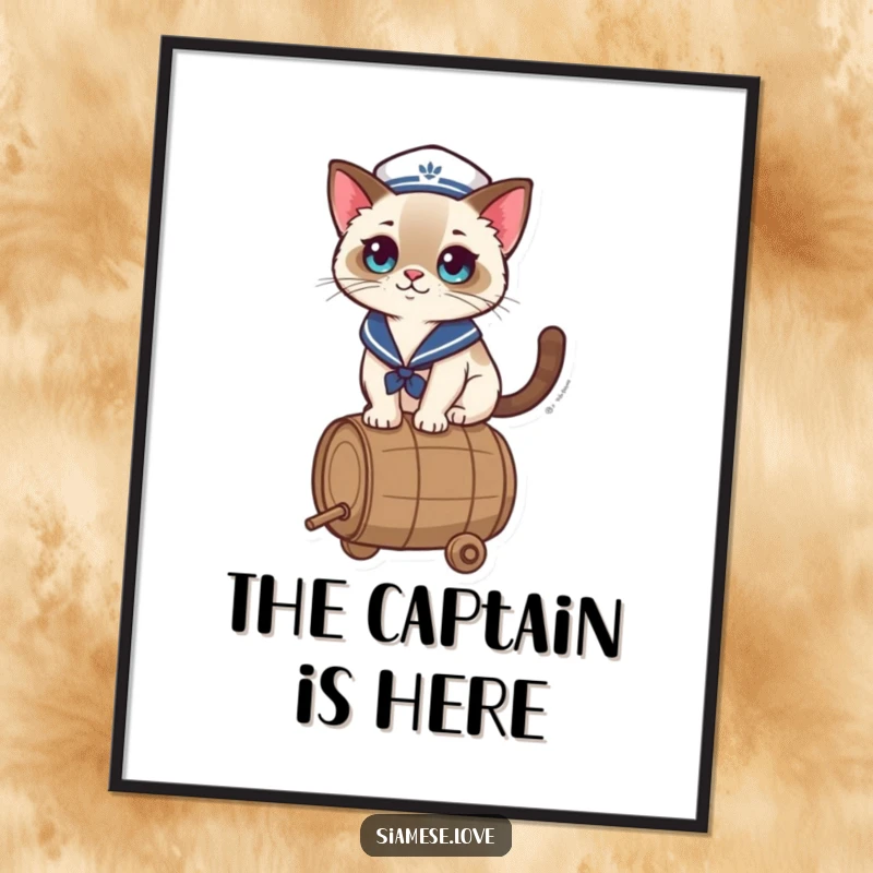 Funny Poster featuring a kawaii Siamese cat in a sailor hat, balancing on a rolling barrel, bringing nautical charm and humor to decor.