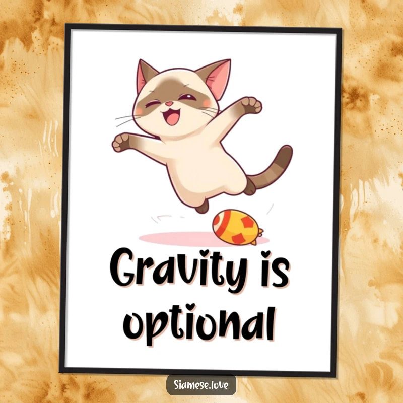 Funny kawaii Siamese cat poster, captured in a joyful leap towards a toy, radiating playful energy and adorable artistic charm.