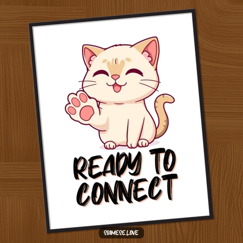 Funny Kawaii Siamese cat offering a friendly paw with a sweet smile, presented as charming wall art on a poster.