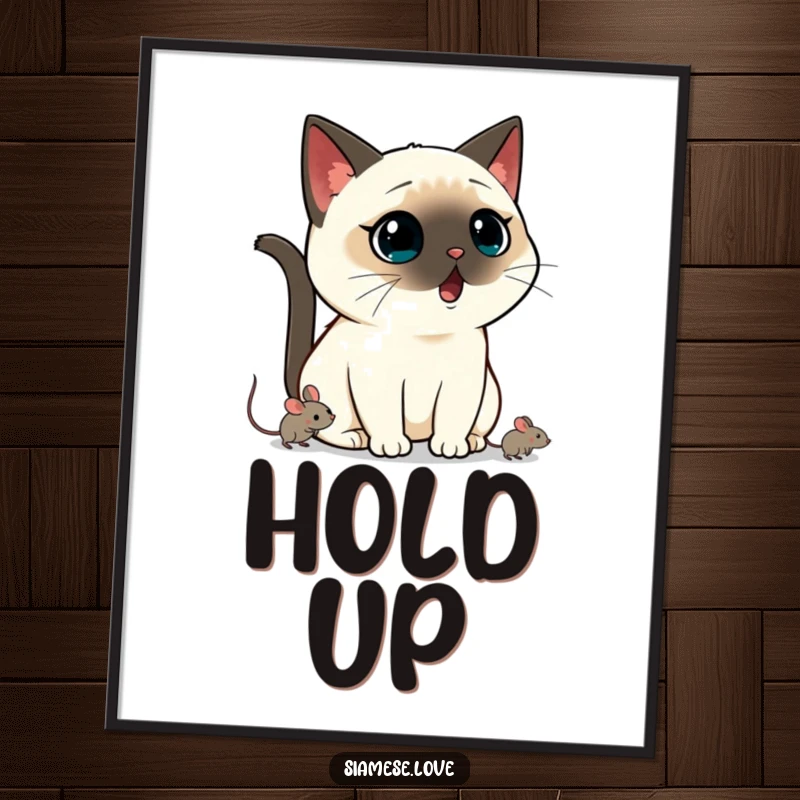 Funny Kawaii Siamese cat poster art depicting a shocked cat and a fleeing mouse, ideal for humorous home decor gift.