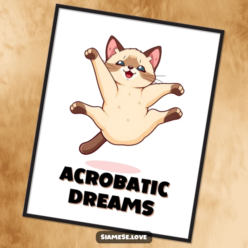 Funny Kawaii Siamese cat doing a playful somersault mid-air, presented as dynamic wall art on a vibrant poster.