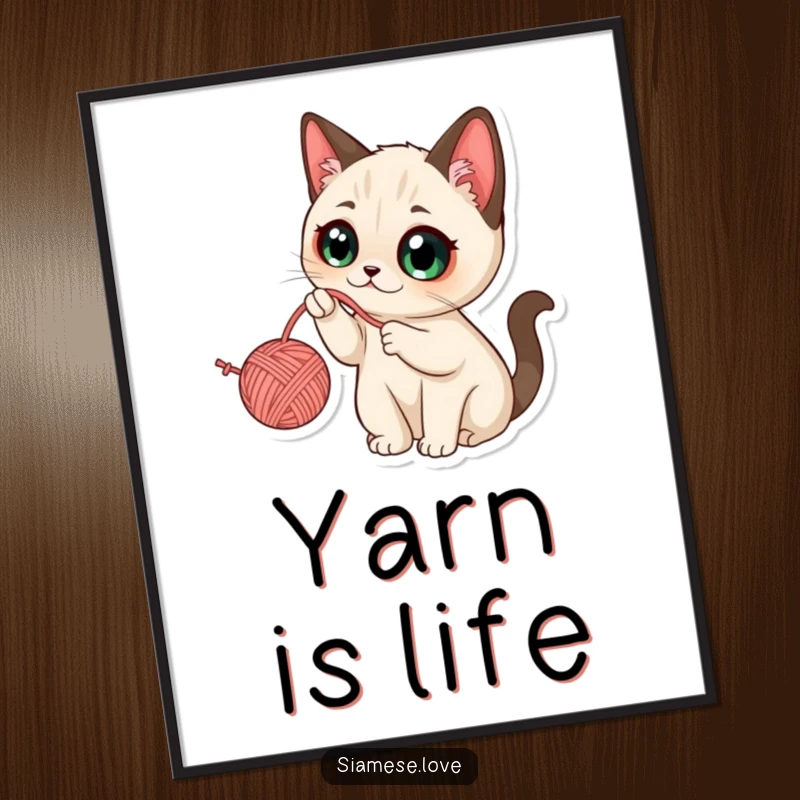 Funny Kawaii Siamese Cat Poster: Charming illustration of a cat with large eyes enthusiastically swatting at a dangling yarn ball.