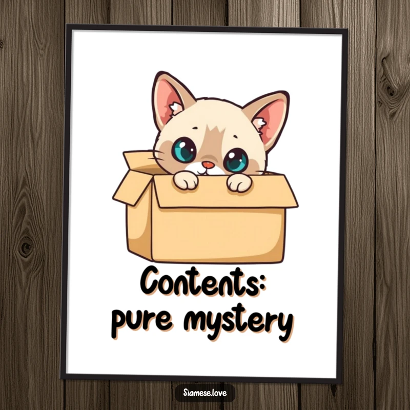 Funny Poster: Siamese cat curiously peeking from a cardboard box, evoking a sense of wonder and playful discovery.