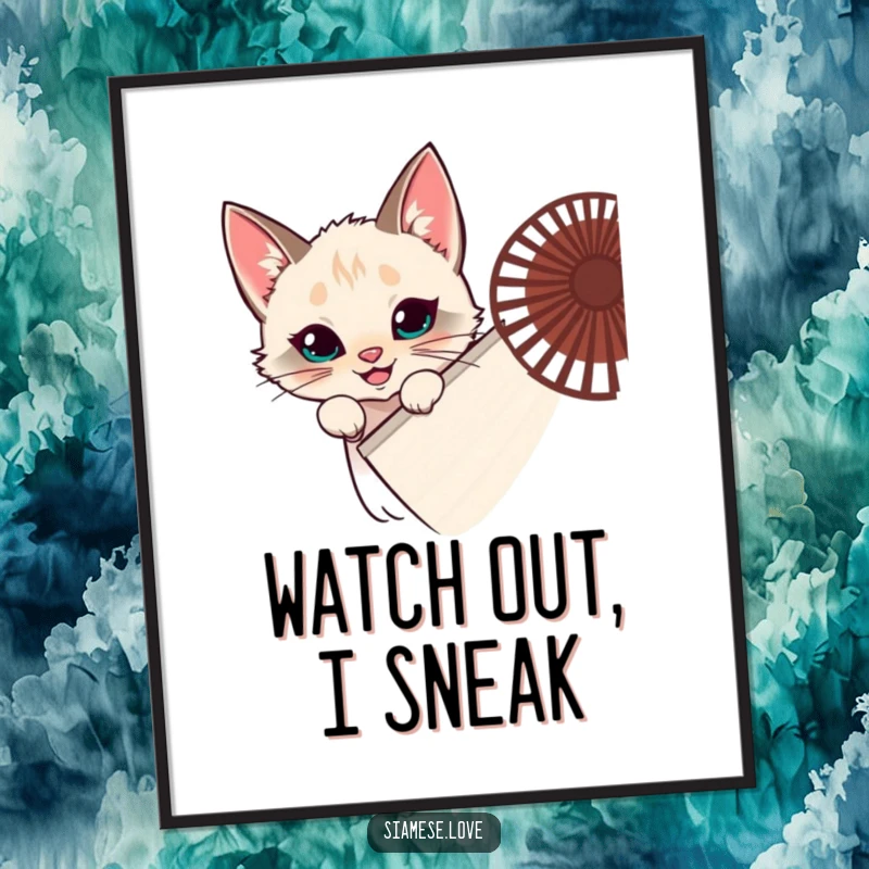 Funny Siamese cat poster, feline hiding behind a fan, peeking with a grin, mischievous art, perfect funny gift.