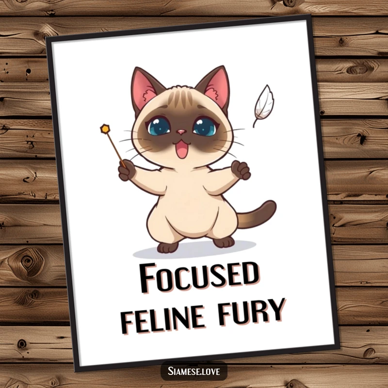 Funny Siamese cat determinedly attempting to catch a falling feather, as a humorous art print.