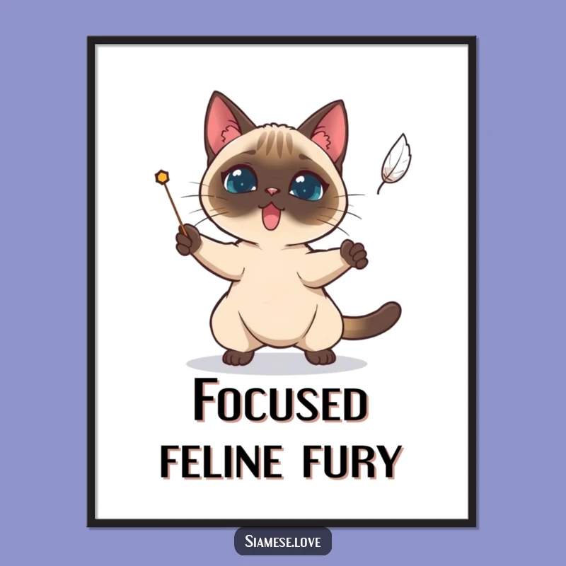 Funny Siamese Cat Feather Art Print - Focused Decor & Hunter's Funny Gift!