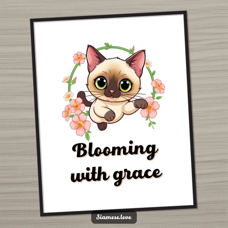 Funny poster featuring a curious Siamese cat leaping through a hoop of flowers, a captivating piece of wall art embodying feline elegance.