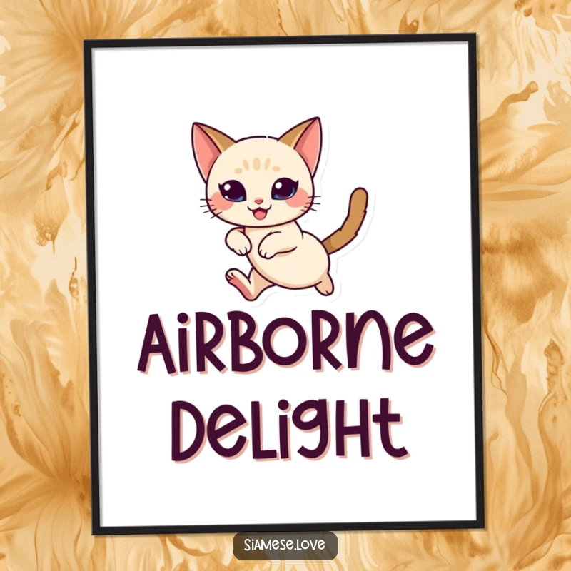 Funny Siamese Cat Poster: A graceful Siamese cat mid-leap, with eyes sparkling and an expression of pure delight.