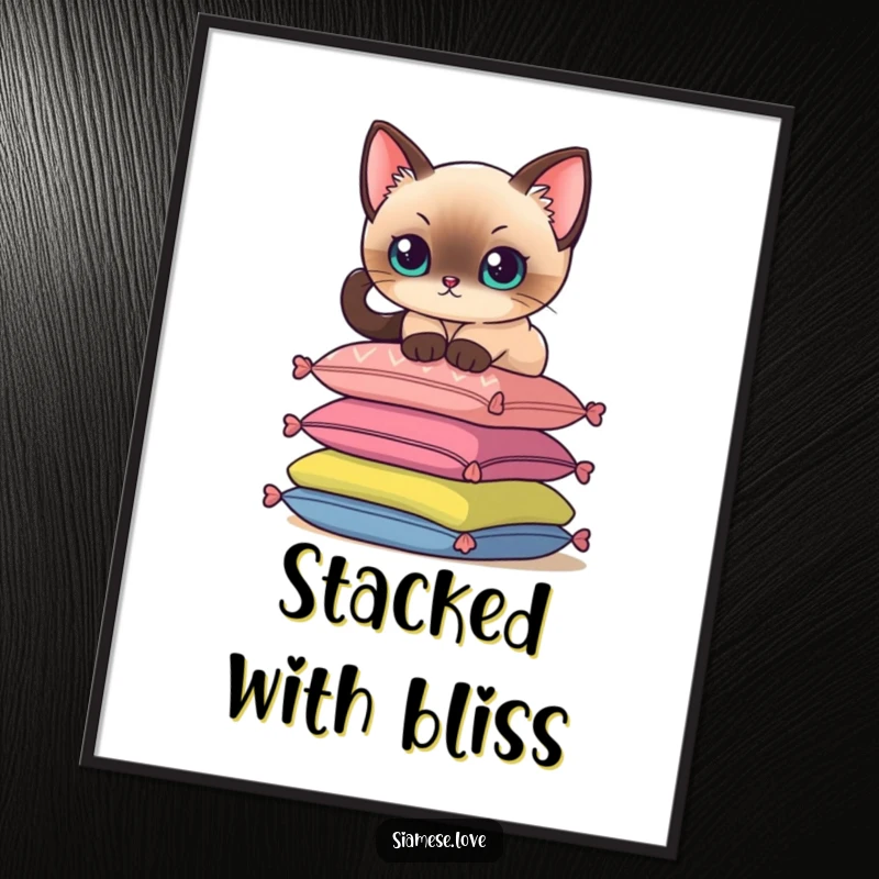 Funny poster print of a Siamese cat delicately perching on a stack of colorful cushions, elegant wall art.