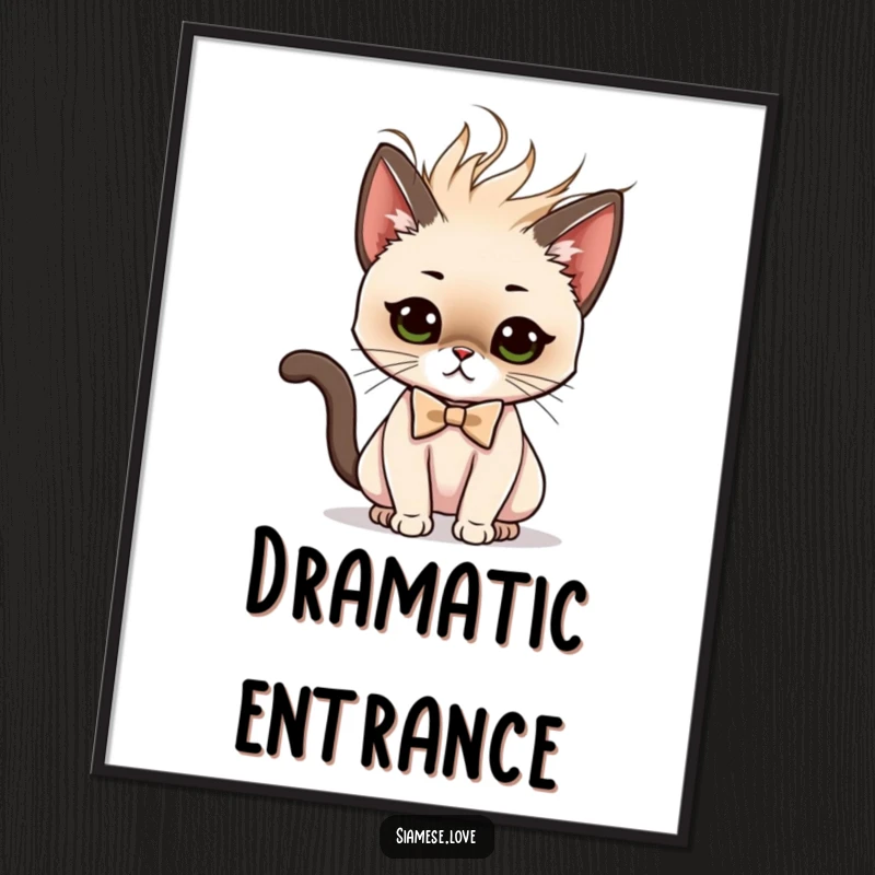 Funny poster showcasing a Siamese cat character in a bow tie performing a dramatic and sassy hair flip with flair.