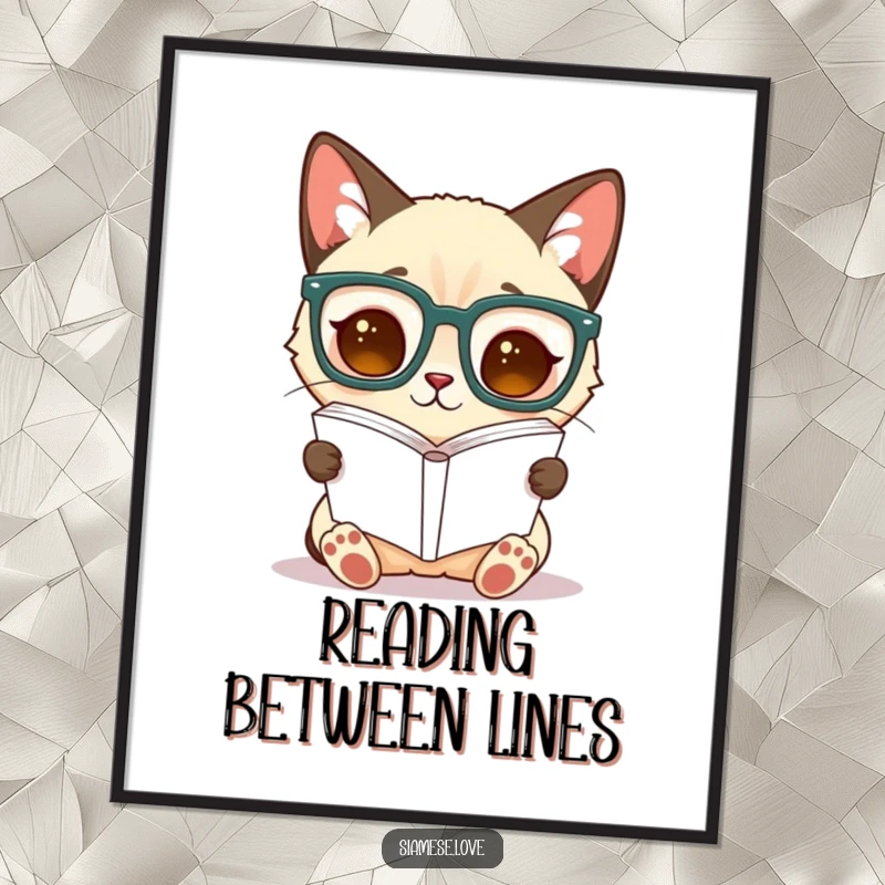 Funny Siamese cat poster print, featuring a cat in oversized glasses reading a book upside down, adding quirky decor.
