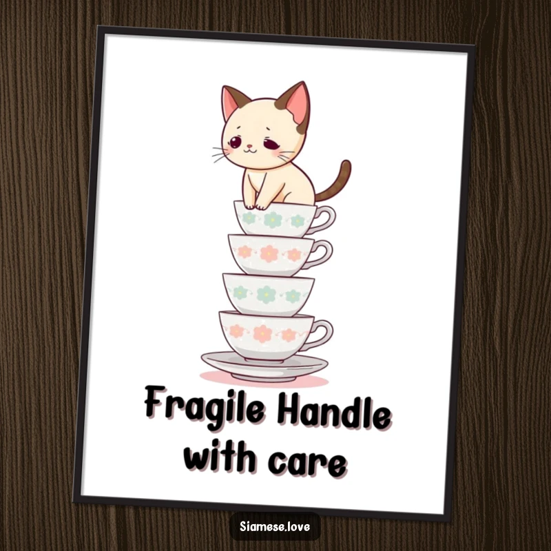Funny Siamese cat poster, feline balancing on stacked teacups, whimsical art, perfect funny gift for cat enthusiasts.