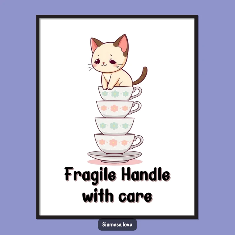 Funny Siamese Cat Teacup Tower Poster - Hilarious Feline Art Gift!