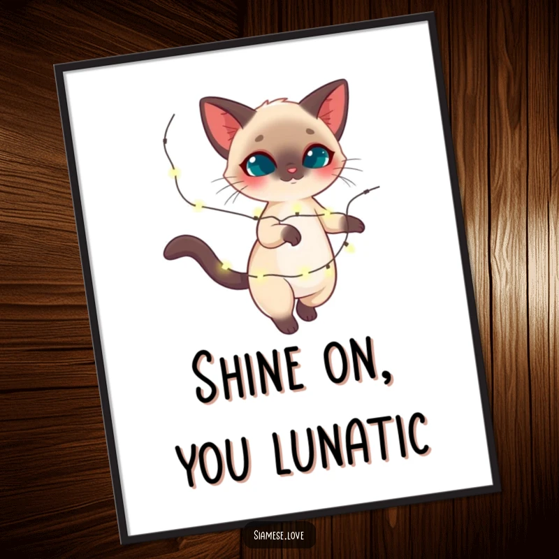 Funny Siamese cat poster, feline twirling with sparkling holiday lights, magical holiday art, perfect funny gift.