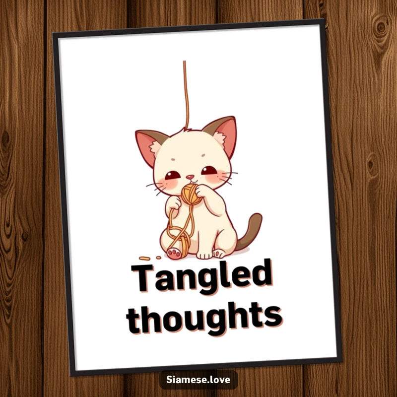 Funny poster print of a cute kawaii Siamese cat character batting playfully at a dangling yarn ball, bringing feline charm.